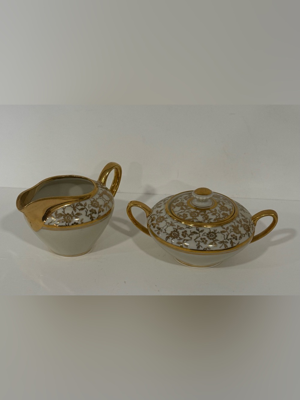 VINTAGE Porcelain White and Gold Creamer and Sugar Bowl Set